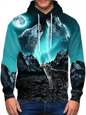 Moon & Wild Wolf Howl 3D Printed Hoodies for Male