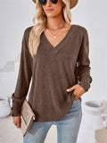 Buttoned Cuffs V-Neck Basic T-Shirts for Ladies