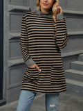 Autumn Slim Fit Long Sleeve High Collar Stripe Shirt for Women