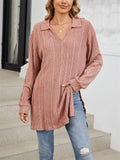 V Neck Striped Texture Side Split Fitted Shirt for Women