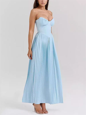 Women's Pleated Sky Blue Strapless Evening Dress