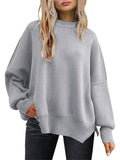 Women's Batwing Sleeve Side Slit Ribbed Crewneck Sweater