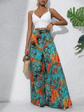 Women's Leaf Print High Waist Flowy Chiffon Wide Leg Pants