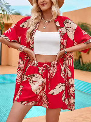 Ladies Vacation Open Front Leaf Print Two Piece Suit