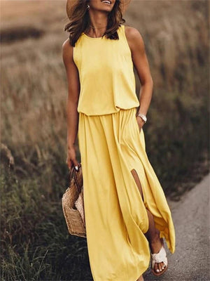 Women's Round Neck Sleeveless Solid Color Slit Dress