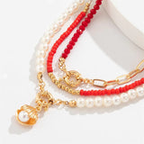 Women's 3Pcs/Set Bohemian Red Beads Imitation Pearls Pendant Necklaces