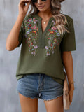 Floral Embroidered Spliced Lace Women's V-Neck T-shirt