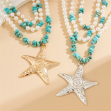 Multilayered Imitation Pearl Stone Spiral Starfish Pendant Necklaces