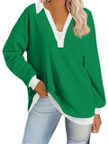 Ladies V Neck Contrast Color Oversized Long Sleeve Hoodies