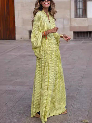 Retro V Neck Wide Sleeve Waisted Long Dress for Lady