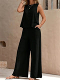 Women's Elegant Solid Color Sleeveless Shirt + Casual Pants