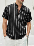 Men's Vertical Stripe Stand Collar Short Sleeve Shirt for Holiday