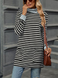 Autumn Slim Fit Long Sleeve High Collar Stripe Shirt for Women