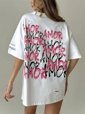 Women's O-Neck Letter AMOR Printing Ripped T-shirts