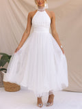 Wedding Elegant Backless Stand Collar Flowy Dress for Lady