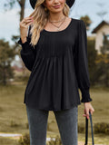 Scoop Neck Pleated Lantern Sleeve Slim Fit Shirt for Women