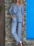 Women's Cozy Stand Collar Rolled Up Sleeve Shirt + Casual Pants