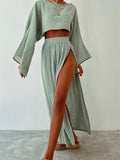 Women's Beach Cotton Linen Short Shirt + High Split Flowy Skirt