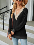 Contrast Color Lace Trim Long Sleeve T-shirt for Ladies