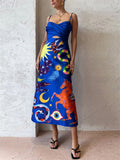 Summer Sexy Backless Print Sleeveless Satin Dress for Women