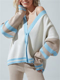 Chic V Neck Button Up Loose Stripe Sweater for Women