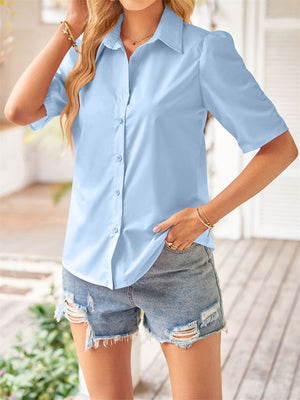 Solid Color Slim Fit Button Up Short Sleeve Shirt for Women