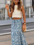 Casual Mini Floral Print Blue Ruffled Skirts for Women