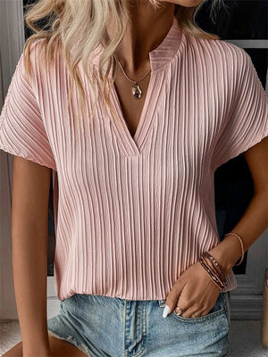 Simple Vertical Stripe V Neck Short Sleeve Shirt for Women