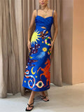 Summer Sexy Backless Print Sleeveless Satin Dress for Women