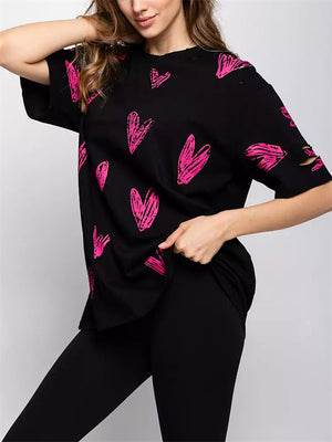 Sweet Heart Print Ripped Fashion T-shirts for Women