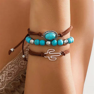 3Pcs/Set Women's Bohemian Style Blue Natural Stone Beaded Bracelets