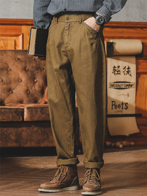 Vintage Mid-Rise Solid Color Tapered Pants for Men