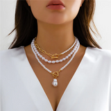 Female OT Buckle Multilayer Faux Pearl Pendant Necklace