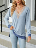 Contrast Color Lace Trim Long Sleeve T-shirt for Ladies