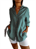 Women's Pleated Single Breasted Long Sleeve Lapel Blouses