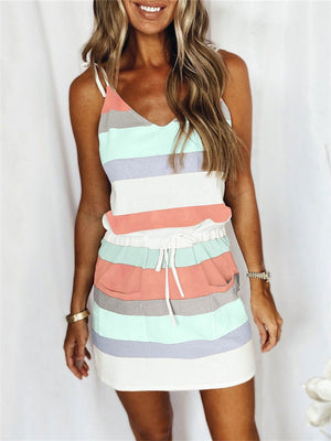 Striped Lace-up Drawstring Relaxed Sundress for Ladies