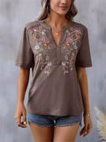 Floral Embroidered Spliced Lace Women's V-Neck T-shirt