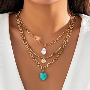 3Pcs/Set Bohemian Irregular Pearl Love Heart Pendant Necklaces for Women