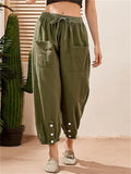 Women's Cotton Linen Buttoned Hem Pants with Pockets