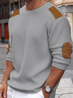 Men's Crew Neck Long Sleeve Knit Leather Patch Sweaters