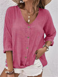 Women's Loose Fit Pullover Button Decoration V-Neck T-shirts