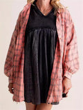 Women's Button Up Lantern Sleeve Fringed Plaid Blouse