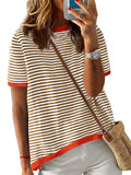 Stripe Contrast Color Short Sleeve Knitted Tops for Women