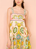 Ladies French Abstract Print Bowknot Strap A-Line Dress