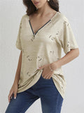 Zip V Neck Heart-Shaped Print Short Sleeve Shirt for Women