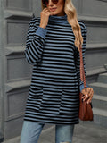 Autumn Slim Fit Long Sleeve High Collar Stripe Shirt for Women