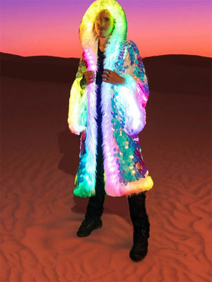 Male Raves Clothes Artificial Fur Sequin LED Coats