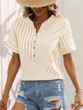 Leisure V Neck Stripe Patchwork Design Short Sleeve Shirt for Women