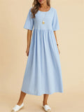 Women's Cozy Cotton Linen Crew Neck Half Sleeve Pleated Dress