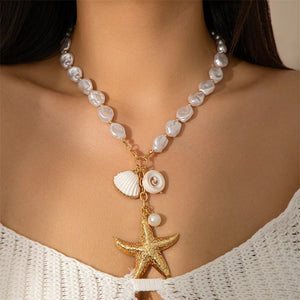 Women's Gold Starfish White Conch Pendant Irregular Pearl Beach Necklace